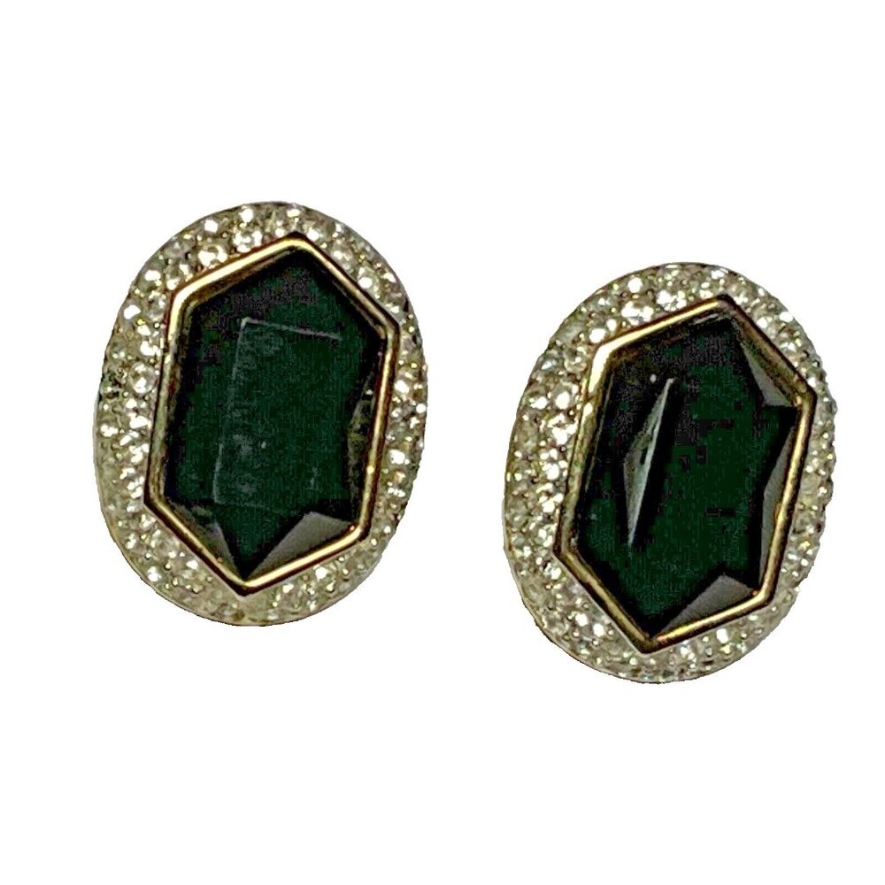 Vintage Oscar De La Renta  Oval Clip On Earrings Black Gold Rhinestones Repair